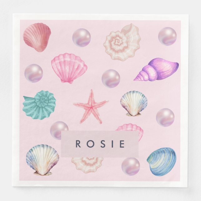 Custom Monogram Coastal Seashell Pearl Ocean Gifts Napkin (Front)