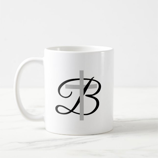 Custom monogram coffee mug with religious cross (Left)