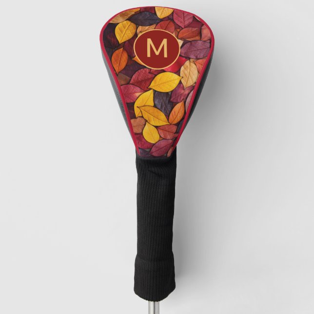 Custom Monogram Colourful Autumn Leaves Golf Head Cover (Front)