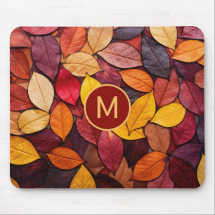 Custom Monogram Colourful Autumn Leaves Mouse Pad