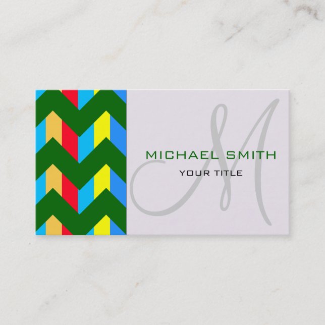 Custom Monogram Colourful Chevron Zigzag Pattern 9 Business Card (Front)