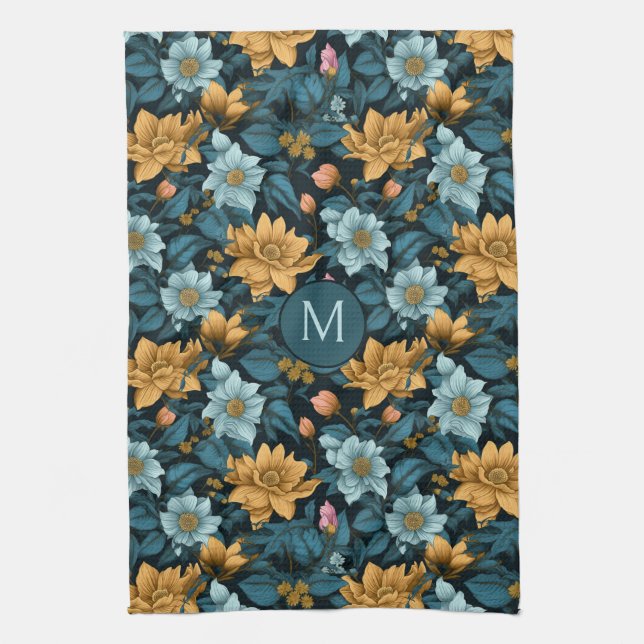 Custom Monogram Colourful Flower Pattern Kitchen Towel (Vertical)
