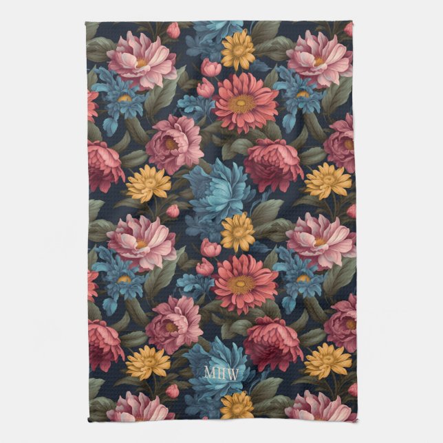 Custom Monogram Colourful Flower Pattern Kitchen Towel (Vertical)