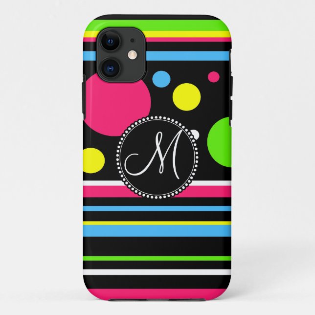 Custom Monogram Colourful Neon Stripes Polka Dots Case-Mate iPhone Case (Back)