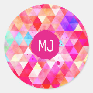 Custom Monogram Colourful Pink Red Triangle  Classic Round Sticker