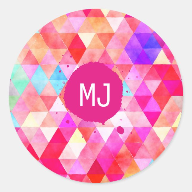Custom Monogram Colourful Pink Red Triangle  Classic Round Sticker (Front)