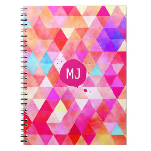 Custom Monogram Colourful Pink Red Triangle Patter Notebook