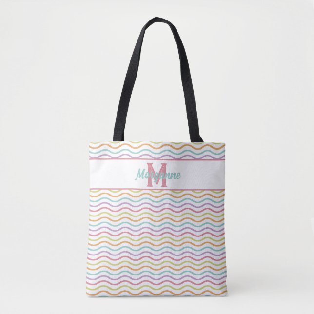 Custom Monogram Colourful Wavy Stripes Pastel Tote Bag (Front)