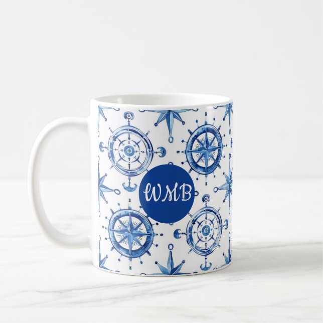Custom Monogram Compass Rose Coffee Mug (Left)
