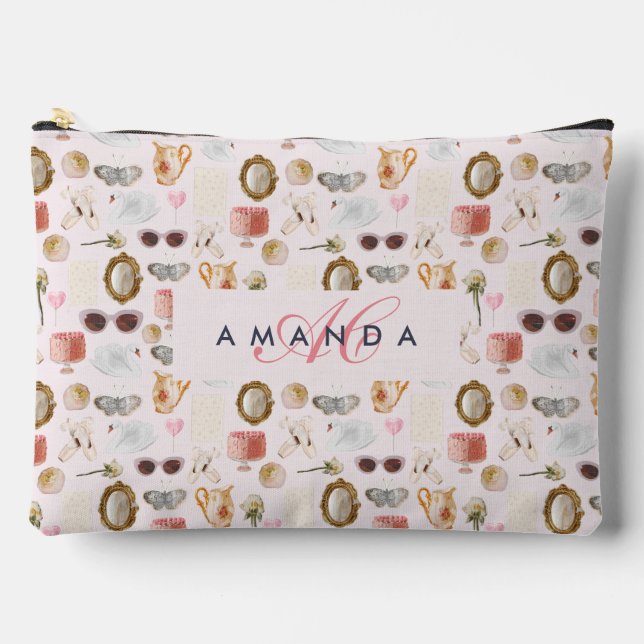 Custom Monogram Coquette Cute Girly Pink Feminine  Accessory Pouch (Front)