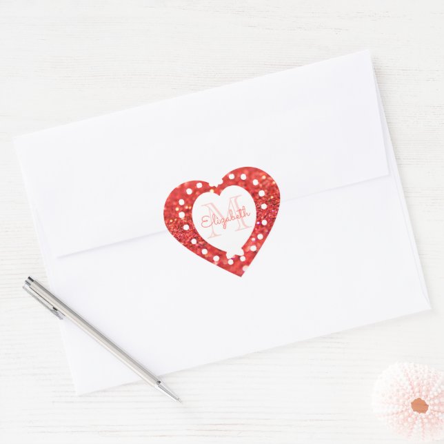 Custom Monogram Coral Glitter Bokeh White Heart Heart Sticker (Envelope)