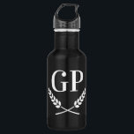 Custom monogram crest logo black water bottle<br><div class="desc">Custom monogram crest logo black water bottle. Initialled elegant laurel wreath design. Custom monogrammed gifts for sports and more. Personalized gift for him or her. Classy corporate business gift idea for clients, partners, customers etc. Unique presents for sporty men and women. Make your own luxury present for dad, husband, father,...</div>