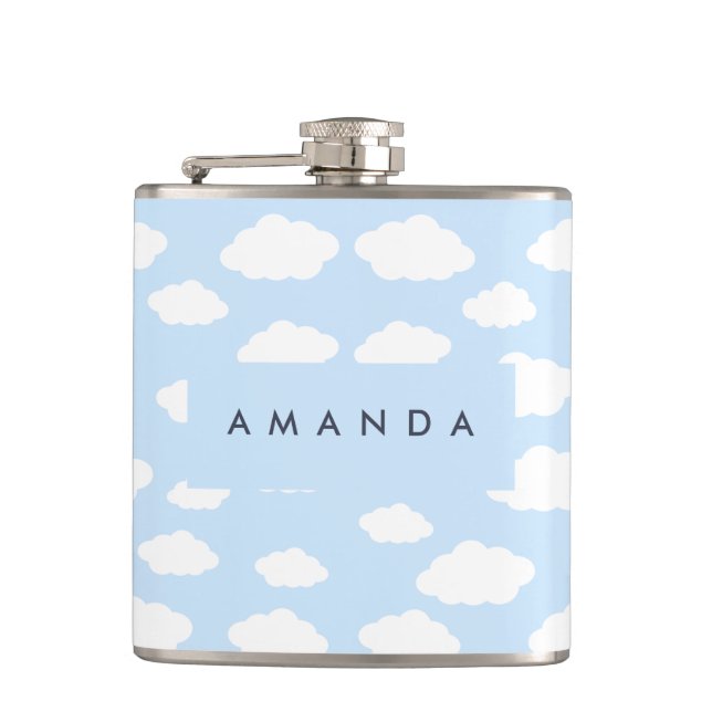 Custom Monogram Cute Girly Blue Cloud Gifts Hip Flask (Front)