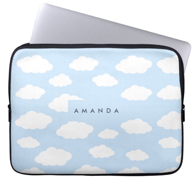 Custom Monogram Cute Girly Blue Cloud Gifts Laptop Sleeve (Front)