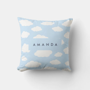 Custom Monogram Cute Girly Blue Cloud Gifts Throw Pillow