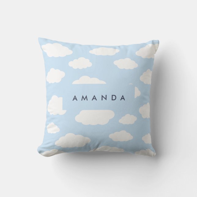 Custom Monogram Cute Girly Blue Cloud Gifts Throw Pillow (Front)