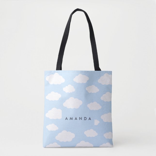 Custom Monogram Cute Girly Blue Cloud Gifts Tote Bag (Front)