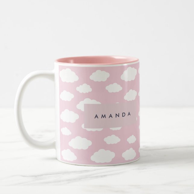 Custom Monogram Cute Girly Pink Cloud Gifts Two-Tone Coffee Mug (Left)