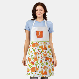Custom Monogram, Cute Orange and Green Fox Pattern Apron