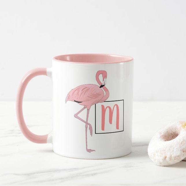 Custom Monogram Cute Pink Flamingo Watercolor Art Mug (With Donut)