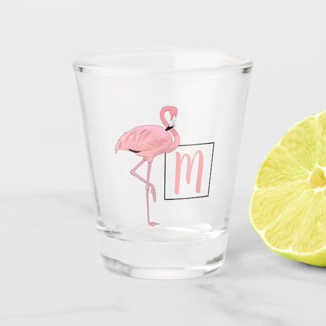 Custom Monogram Cute Pink Flamingo Watercolor Art Shot Glass (Front)