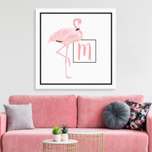 Custom Monogram Cute Pink Flamingo Watercolor Canvas Print