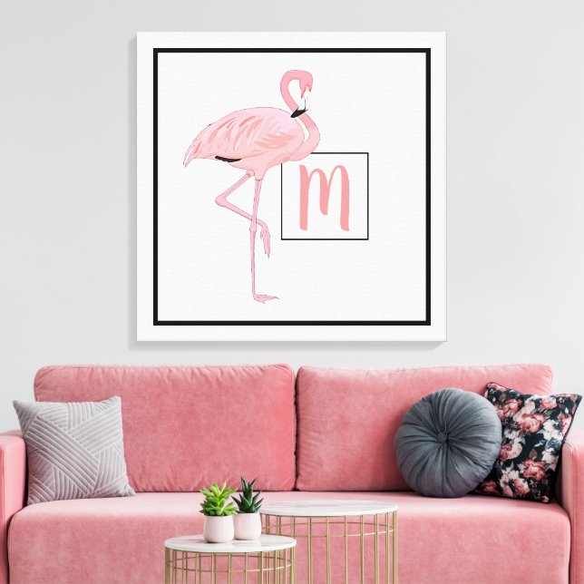 Custom Monogram Cute Pink Flamingo Watercolor Canvas Print (Insitu(LivingRoom))
