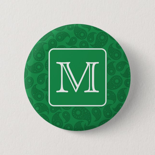 Custom Monogram. Dark Green Paisley Pattern. 2 Inch Round Button (Front)