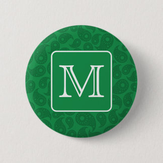 Custom Monogram. Dark Green Paisley Pattern. 2 Inch Round Button