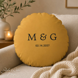 Custom Monogram Date Mustard Yellow Round Pillow