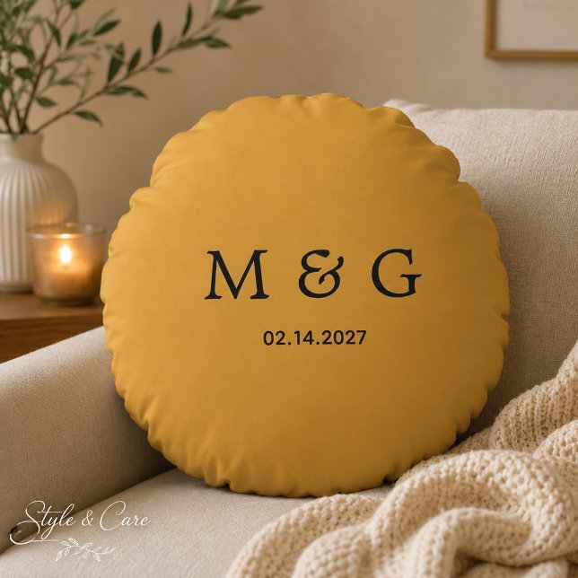 Custom Monogram Date Mustard Yellow Round Pillow (Custom Monogram Date Mustard Yellow Round Pillow)