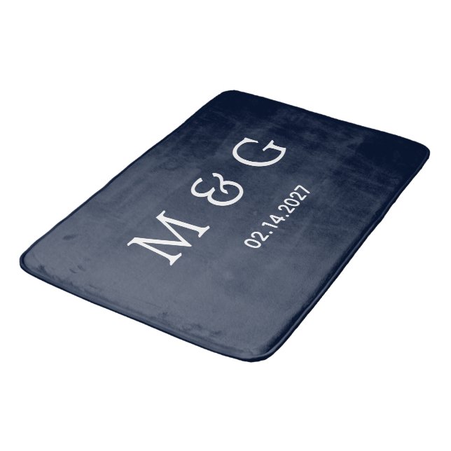 Custom Monogram Date Navy Blue Stylish Bath Mat (Angled)