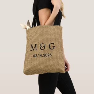 Custom Monogram Date on Natural Jute Pattern Tote Bag