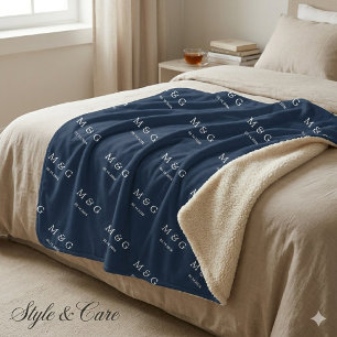 Custom Monogram Date Pattern Stylish Navy Sherpa Blanket