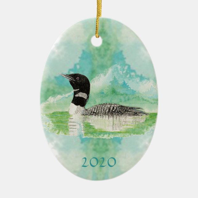 Custom Monogram Dated Watercolor Loon Bird Ceramic Ornament (Front)