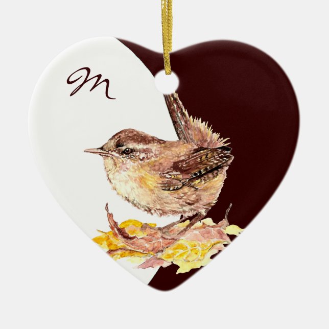 Custom Monogram Dated  Watercolor Wren Bird Ceramic Ornament (Front)