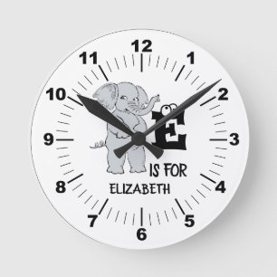 Custom monogram E is for cute colourful Elephant Round Clock