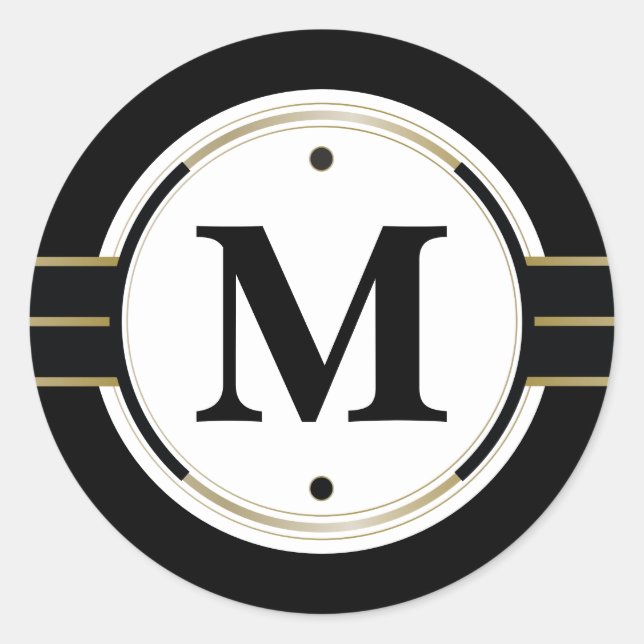 Custom Monogram Elegant Black and Gold Deco Classic Round Sticker (Front)