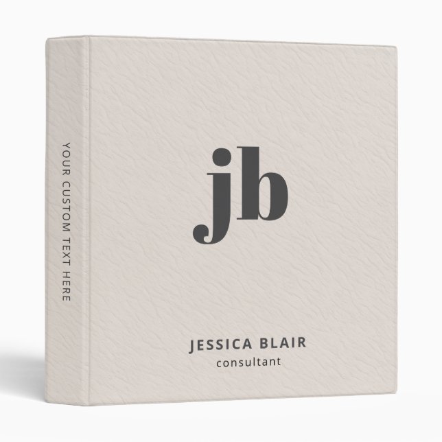 Custom Monogram Elegant Ivory Leather Print Binder (Front/Spine)