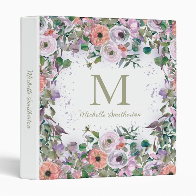 Custom Monogram Elegant Purple Floral  Binder (Front/Spine)