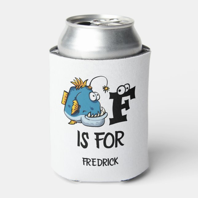 Custom monogram F is for Fish cartoon illustration Can Cooler (Can Front)