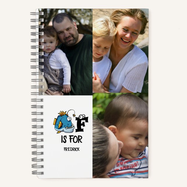 Custom monogram F is for Fish cartoon illustration Notebook (Front)