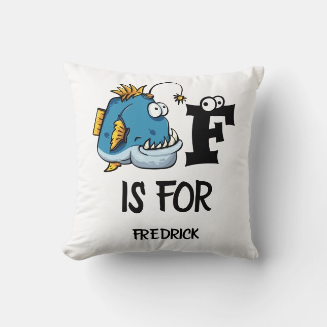 Custom monogram F is for Fish cartoon illustration Throw Pillow (Front)