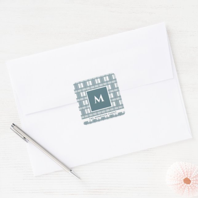 Custom Monogram & Family Name | Mint Green Plaid Square Sticker (Envelope)