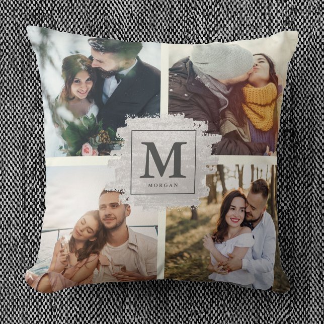Custom Monogram Family Name Wedding Photo Collage Throw Pillow (Creator Uploaded)