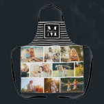 Custom Monogram Family Photo Collage Chic Black Apron<br><div class="desc">Perfect gift for Mother's Day,  Birthday,  or the Holidays: A modern apron customized with ten of your personal favorite photos as well as a custom monogram and name in chic script typography. This is the black and white striped version.</div>
