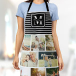 Custom Monogram Family Photo Collage Chic Black Apron<br><div class="desc">Perfect gift for Mother's Day,  Birthday,  or the Holidays: A modern apron customized with ten of your personal favourite photos as well as a custom monogram and name in chic script typography. This is the black and white striped version.</div>