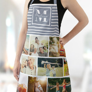 Custom Monogram Family Photo Collage Dusty Blue Apron