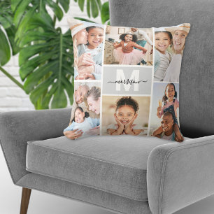 Custom Monogram Family Photo Collage Throw Pillow