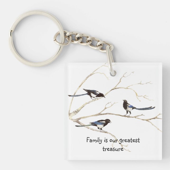 Custom Monogram Family Quote Magpie Birds Keychain (Front)